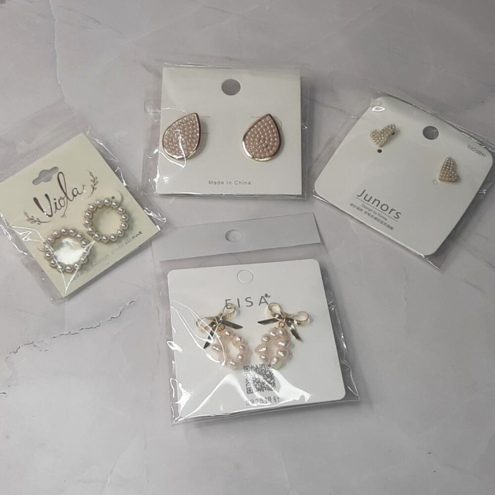 Four Pair Tiny Pearl Bead and Gold Tone Earrings